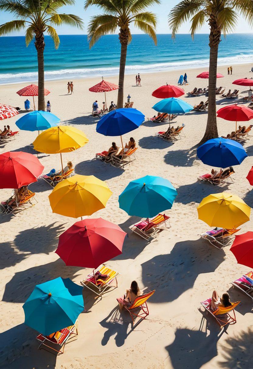 A sun-drenched beach scene featuring diverse beachgoers showcasing the latest bikini trends, with colorful patterns and styles that appeal to all body types. Vibrant beach umbrellas and palm trees surround the scene, creating a lively summer atmosphere. Add a radiant sun setting in the background, casting warm golden hues over the sand. super-realistic. vibrant colors. beach-themed.